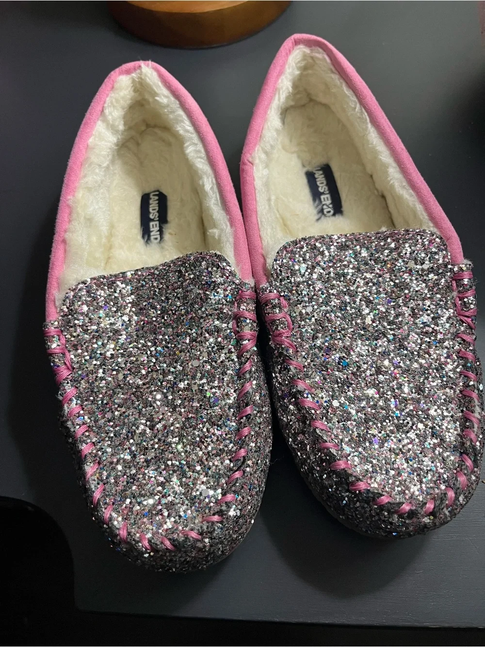 Lands' End Women’s Pink-Trim Glitter Moccasin Slippers